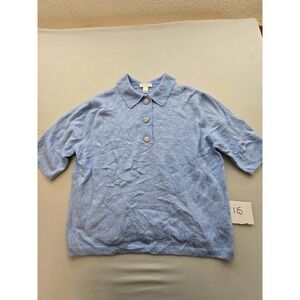 HM Womens Blue Knit Polo Shirt Short Sleeve Rhinestone Button Collared Top M